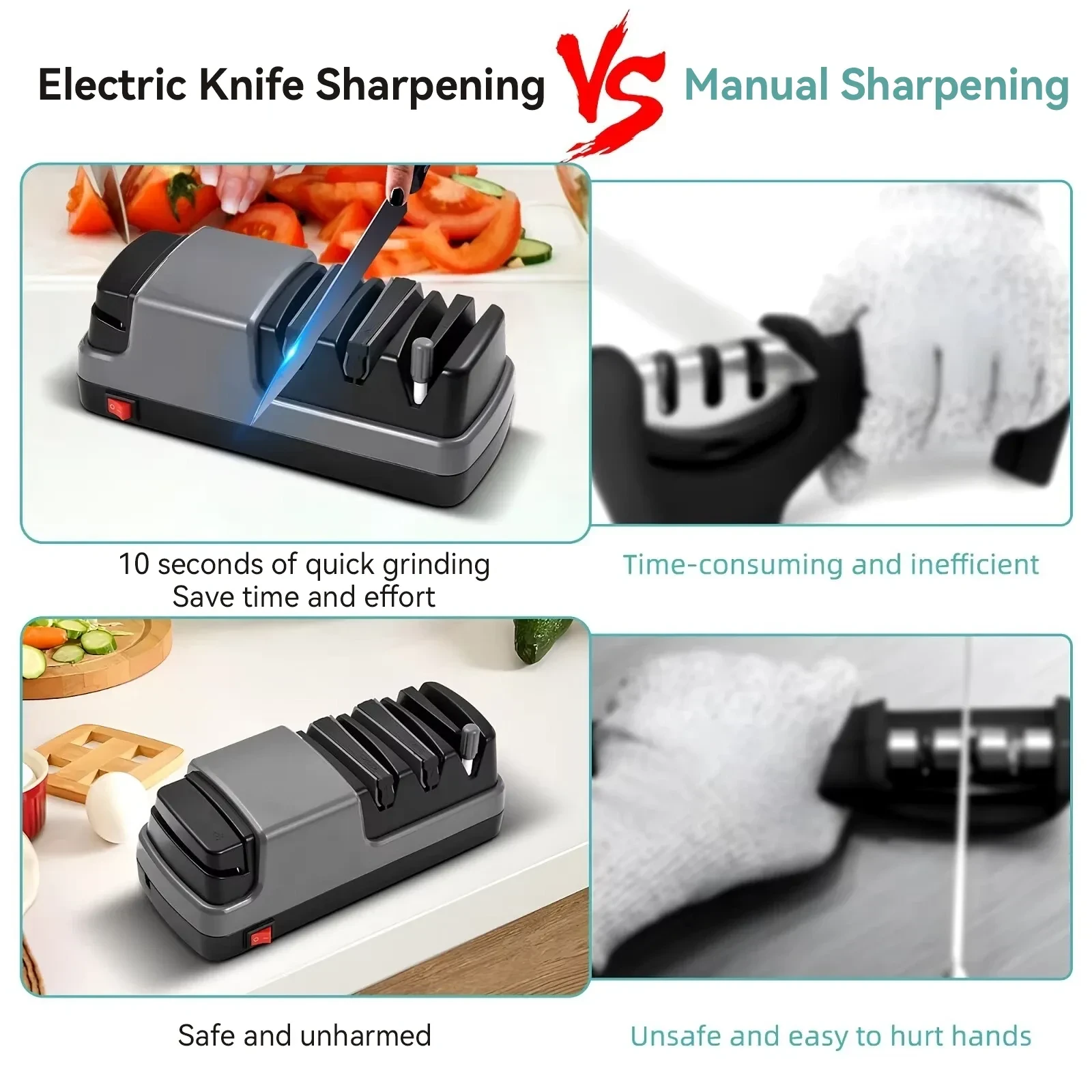 Gray electric knife sharpener with three slots and red power button on a kitchen counter beside sliced tomatoes and vegetable