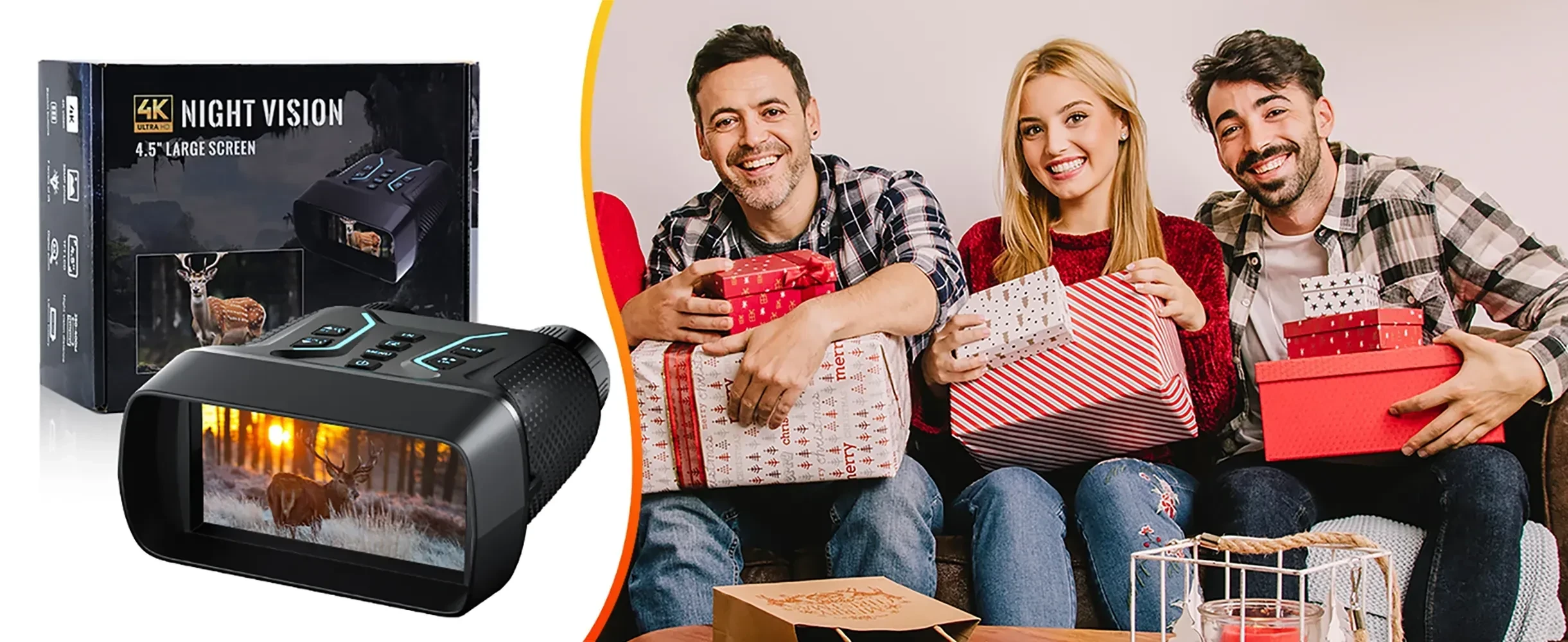 4K night vision binoculars with 4.5-inch screen displayed next to three people holding wrapped holiday gifts on a couch.
