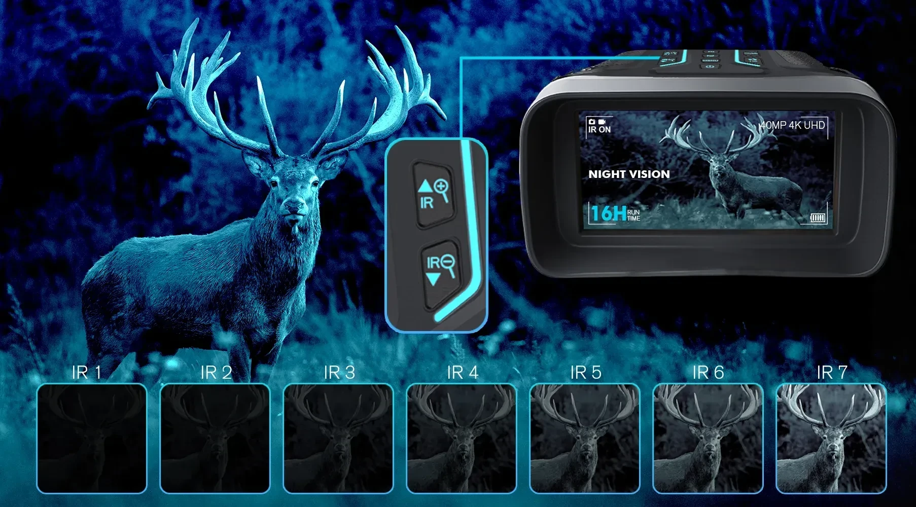 Digital night vision monocular with 4K UHD display, IR adjustment buttons, and seven infrared brightness levels showing a dee