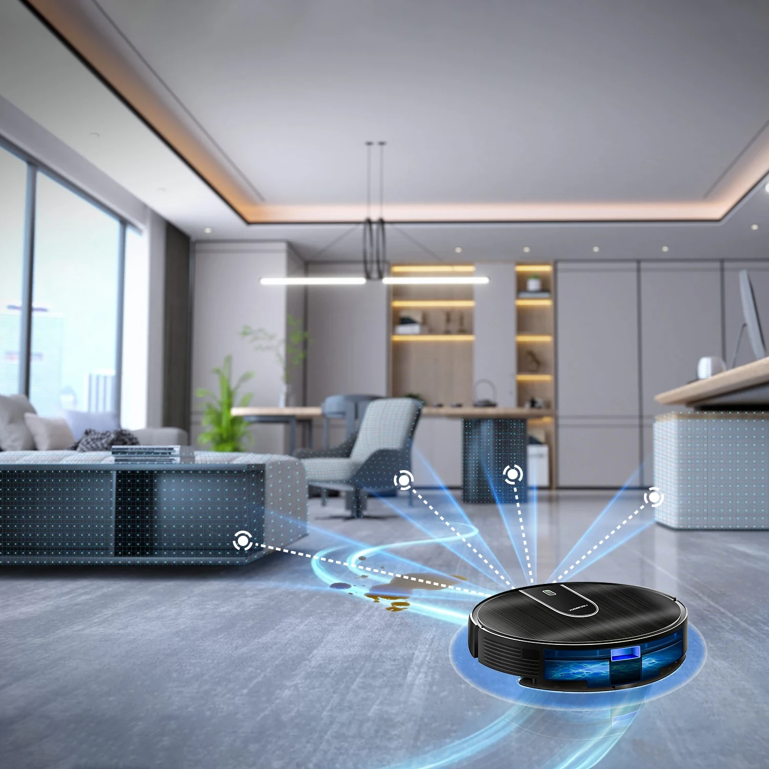 Black robotic vacuum cleaner with blue LED lights and laser navigation sensors mapping a modern living room with gray tile fl