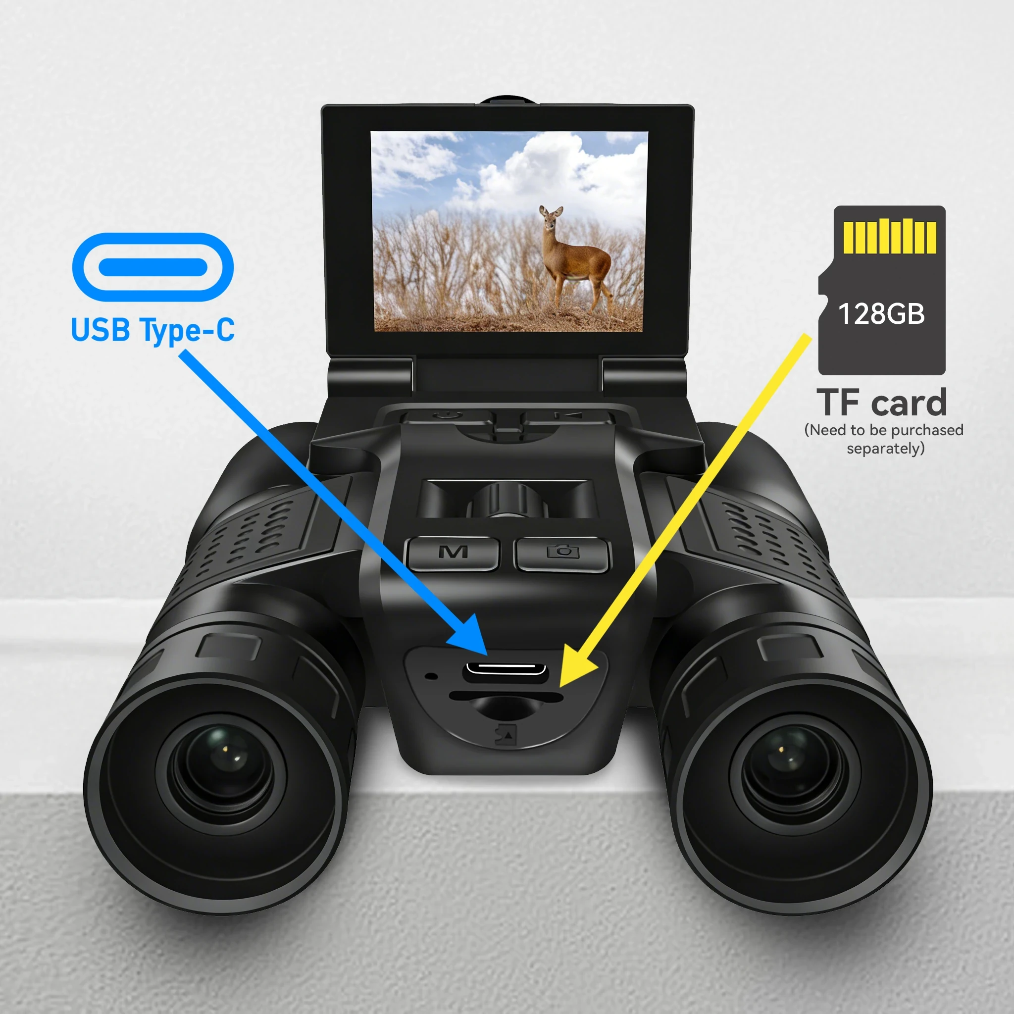 Black digital binoculars with flip-up LCD screen showing a deer, USB Type-C port, and TF card slot.