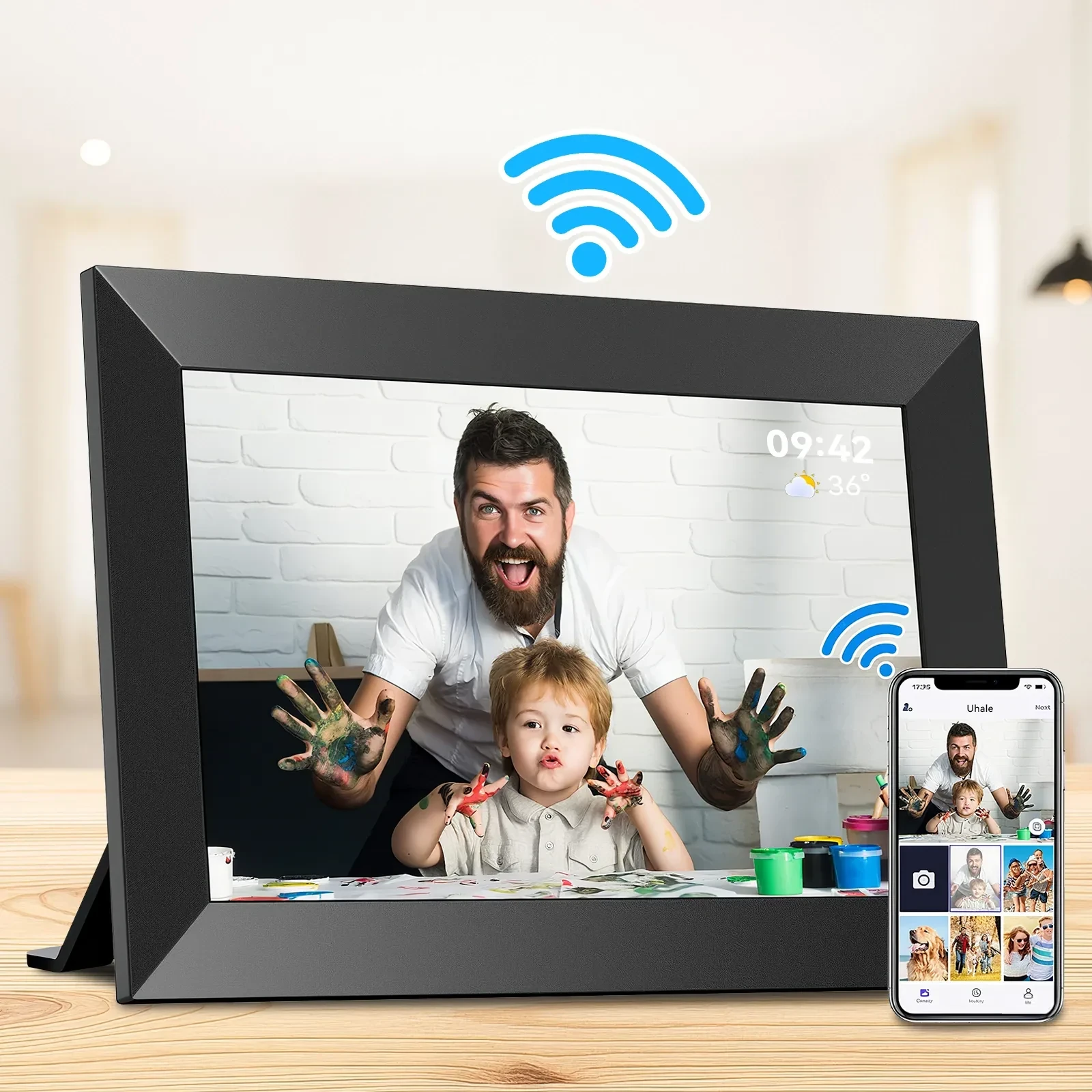 Black WiFi digital photo frame displaying family photo with time and weather, alongside smartphone showing photo sharing app.