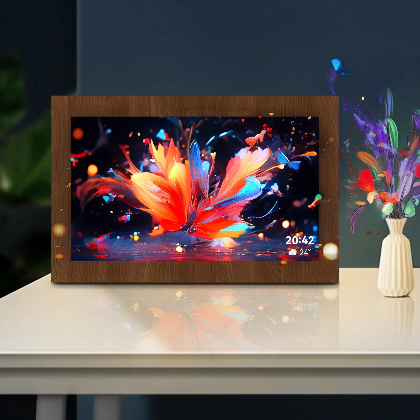 Digital photo frame with wood grain border displaying colorful abstract flower artwork with time and weather widget on white