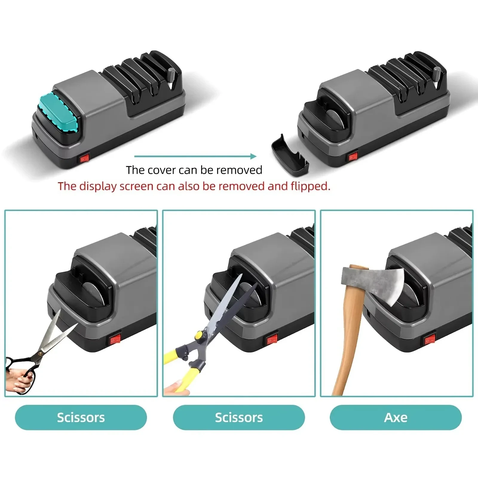 Gray and black electric knife and tool sharpener with removable cover, red switch, slots, and examples sharpening scissors an