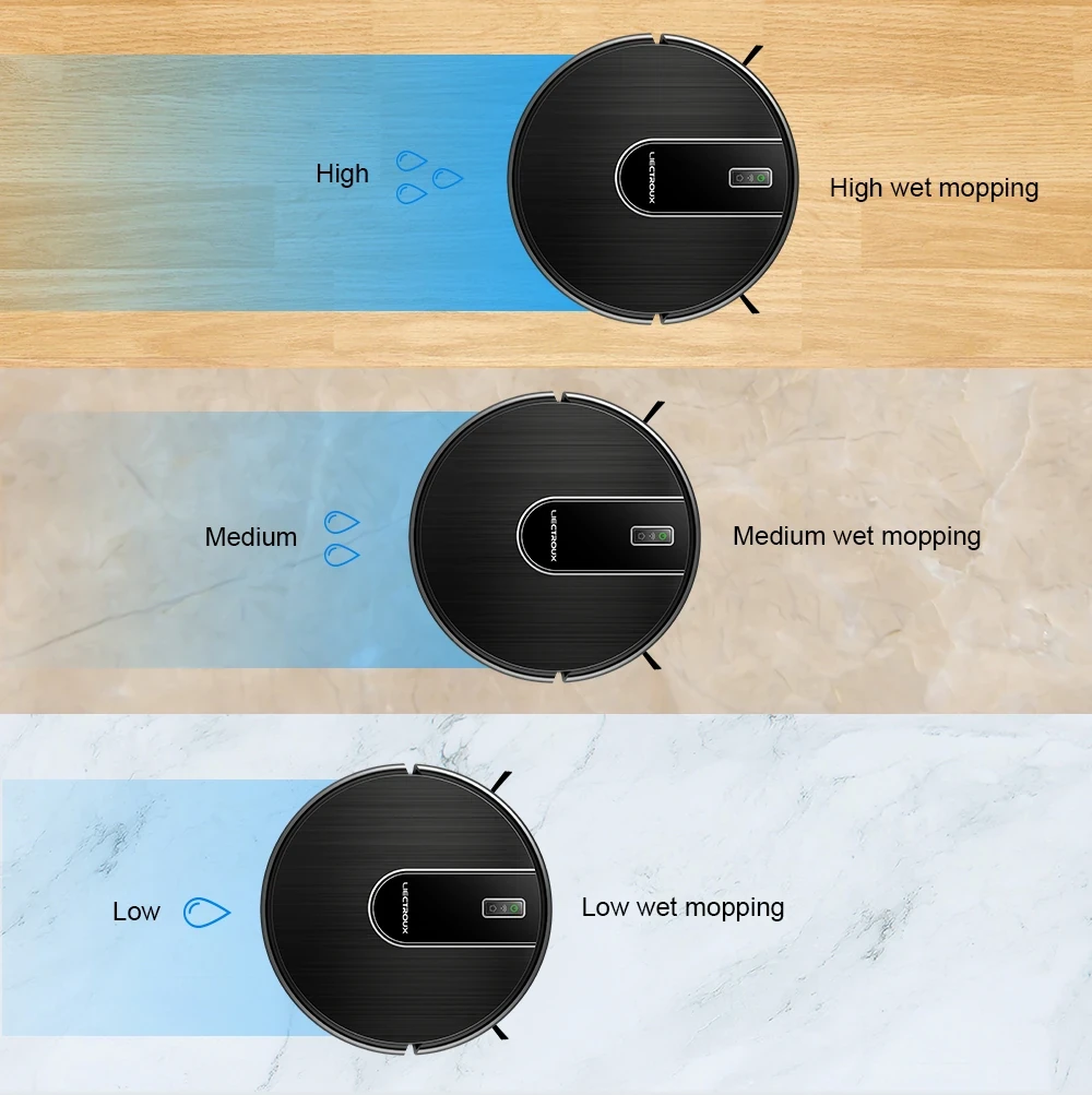 Black Liectroux robot vacuum cleaner showing three wet mopping water levels on different floor surfaces.