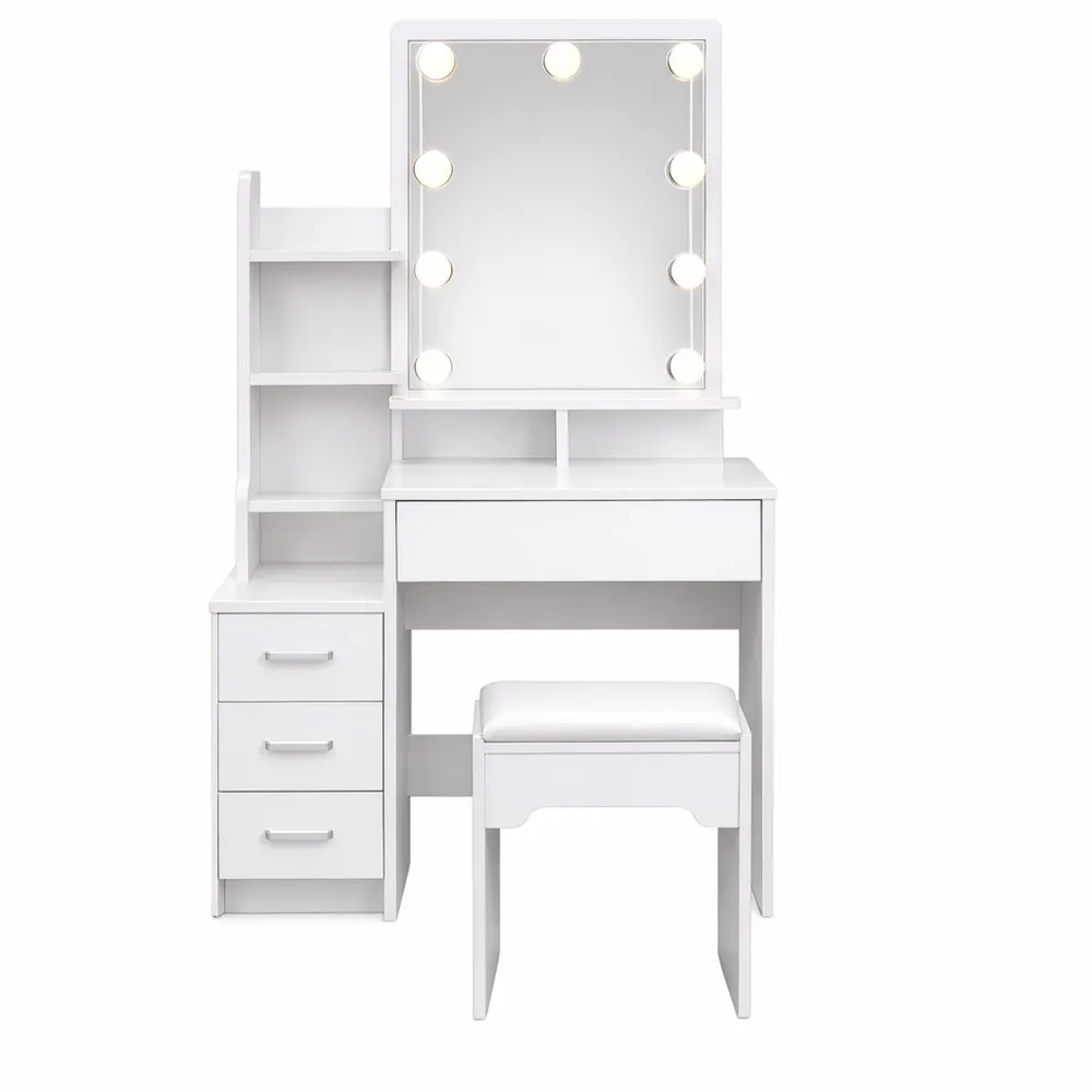 Tavolo da Trucco con Specchio Illuminato e Sgabello, 7 Ripiani e 4 Cassetti, Mobile Moderno per Camera da Letto-Onynest