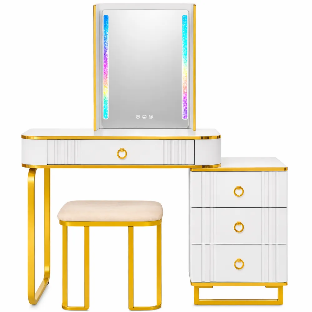 Tavolo da Trucco con Luci Regolabili e Sgabello, 4 Cassetti, USB e Telecomando-Onynest