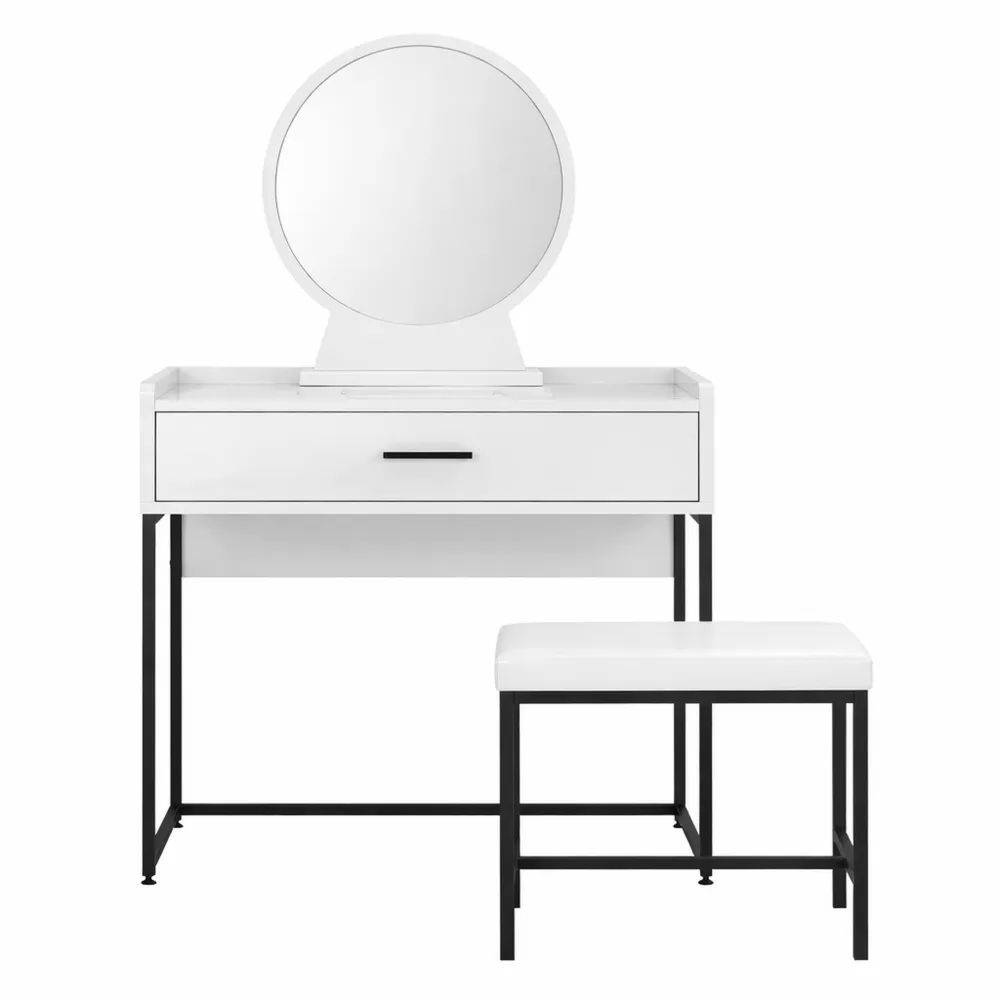 Toeletta Trucco con Specchio Ribaltabile e Sgabello Imbottito, con Cassetto e Cuscino, Bianco-Onynest