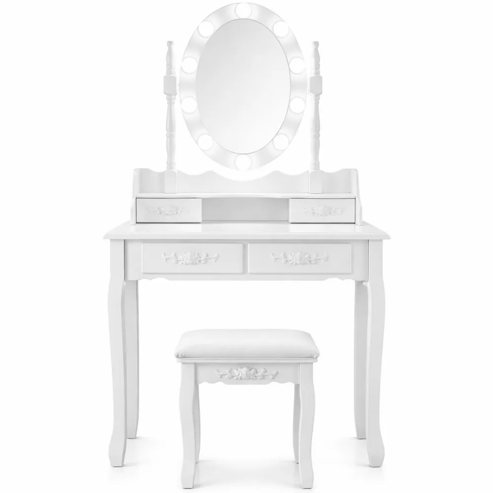 Tavolo da Trucco con Specchio e Luci LED, Set con Cassetti e Sgabello, Specchio Rotante 360°-Onynest