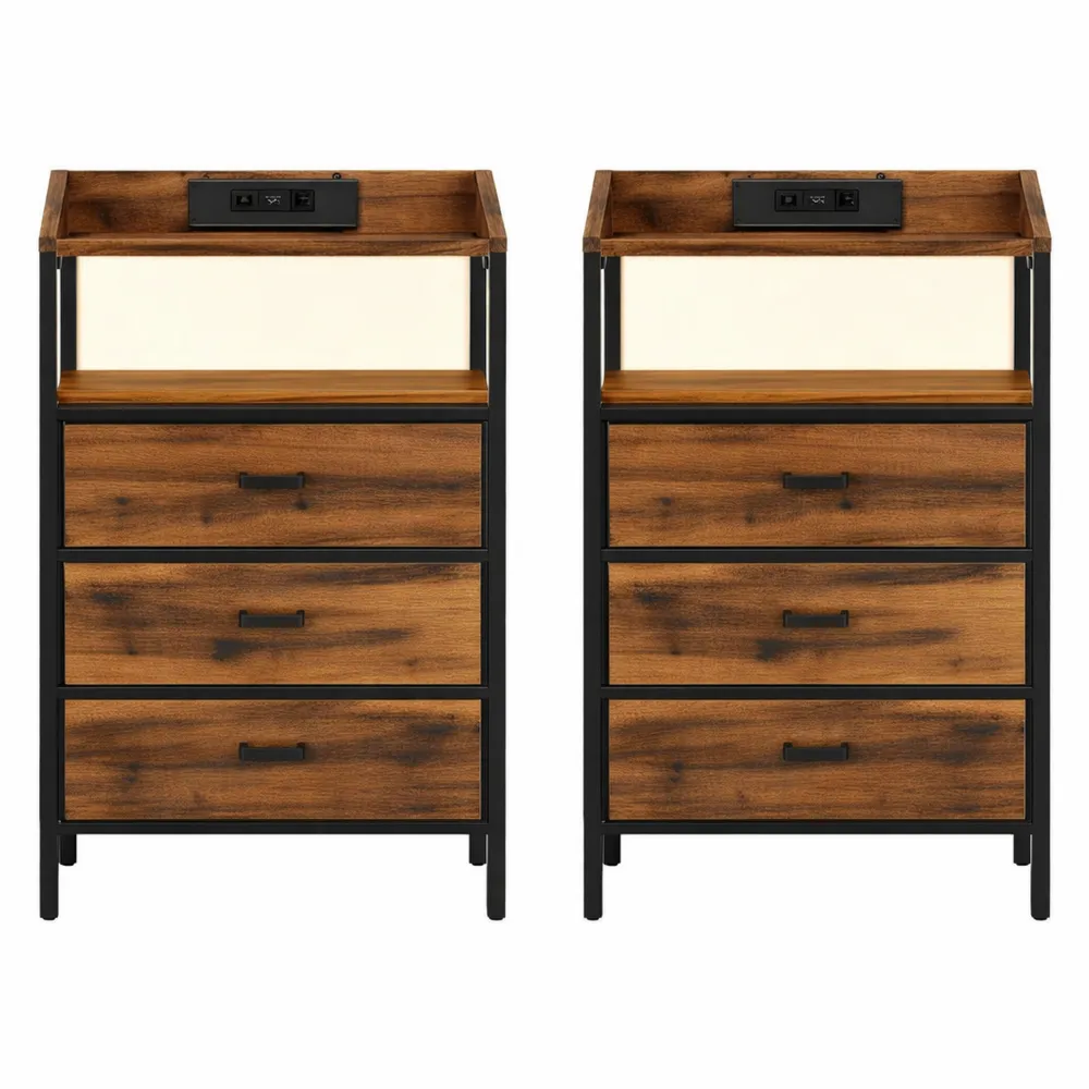 Comodini Set da 2 con Luci LED e Stazione di Ricarica, Tavolino con Cassetti Tessuto, Porte USB e Presa Type-C, per Camera e Soggiorno-Onynest