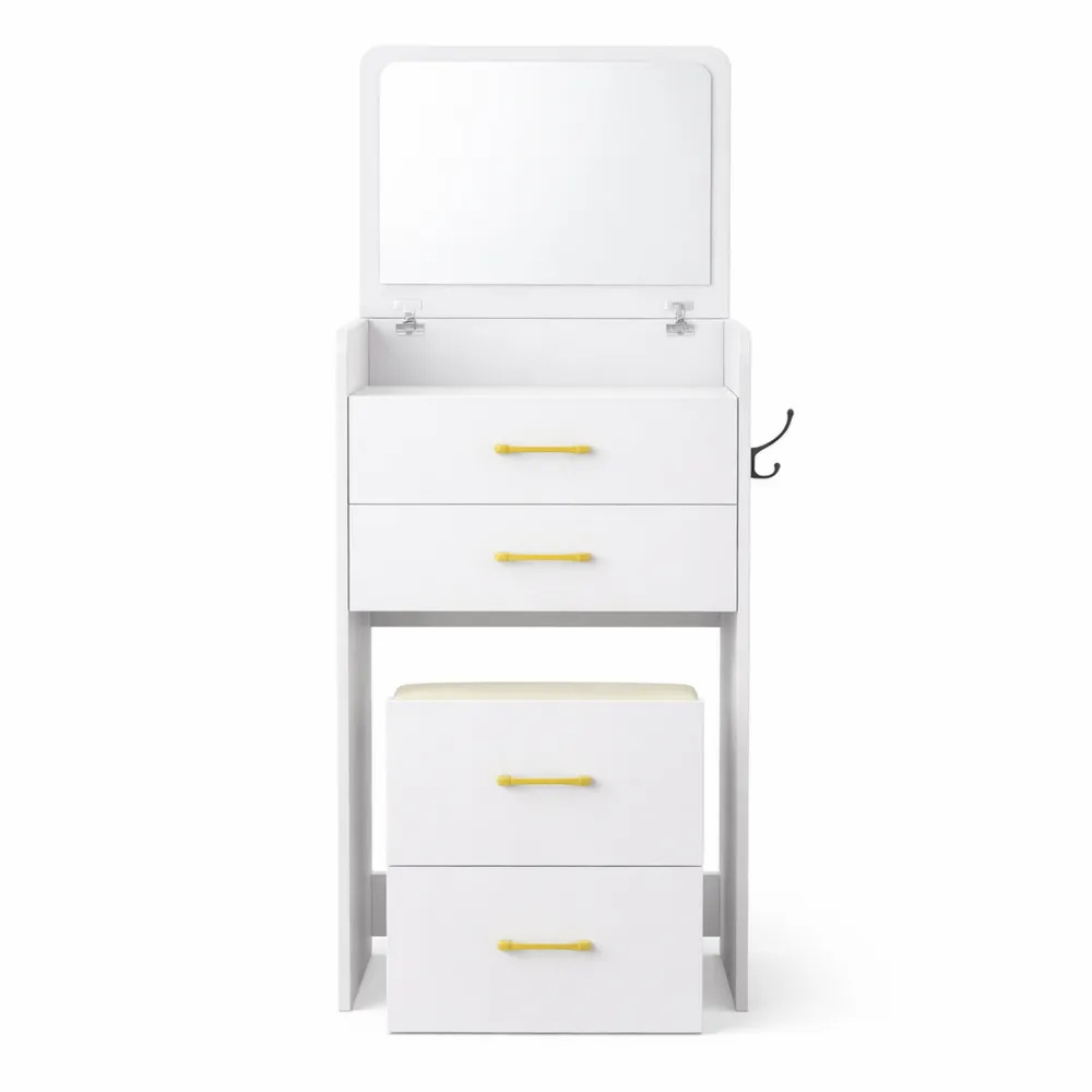 Toeletta con Specchio Pieghevole e Sgabello, 4 Scomparti Salvaspazio per Camera da Letto-Onynest