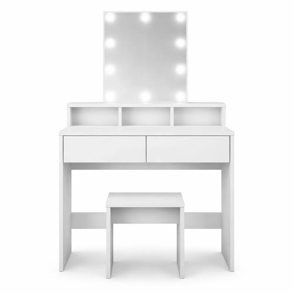 Tavolo da trucco con specchio illuminato e sgabello incluso, bianco-Onynest