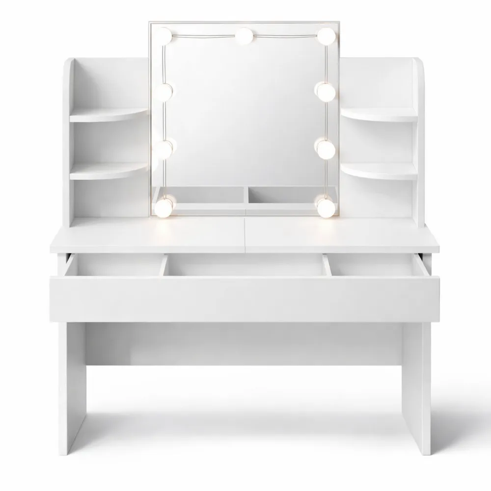 Toeletta con Specchio LED, Cassetto e Ripiani, Bianca, 108 x 40 x 140 cm-Onynest