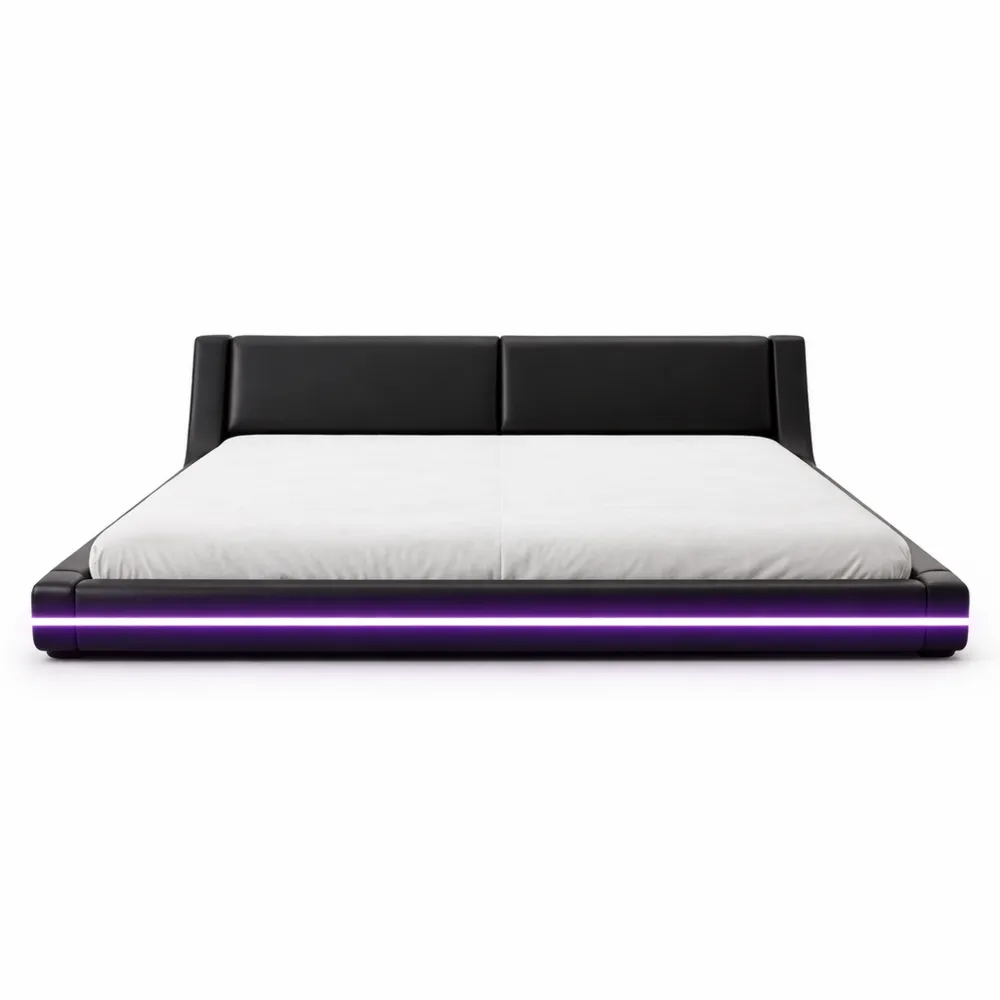 Letto Moderno LED 160x200 cm con Rete a Doghe, Struttura in Ecopelle-Villawarm