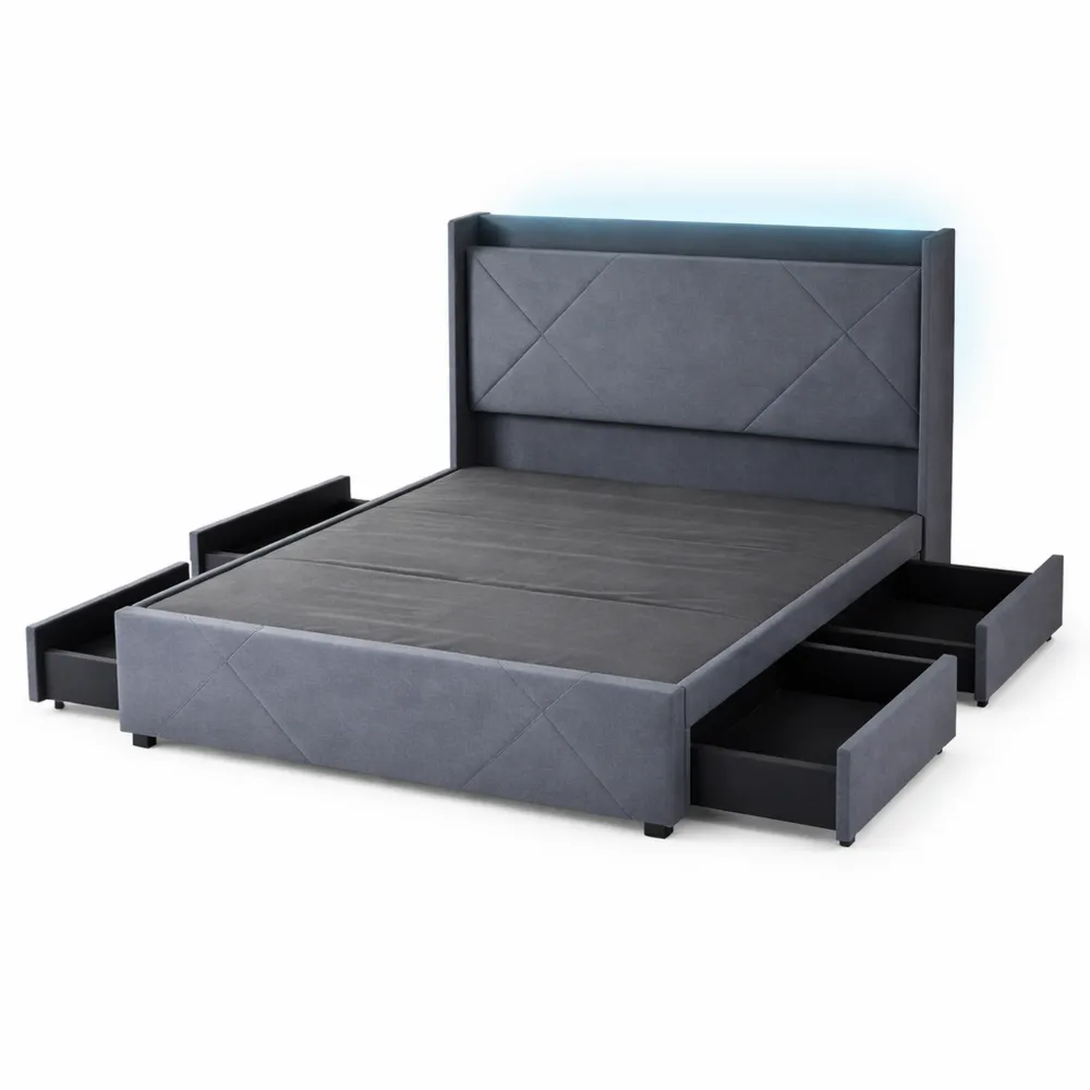 Letto Matrimoniale 160x200 cm con LED, Stazione di Ricarica e Cassetti-Villawarm