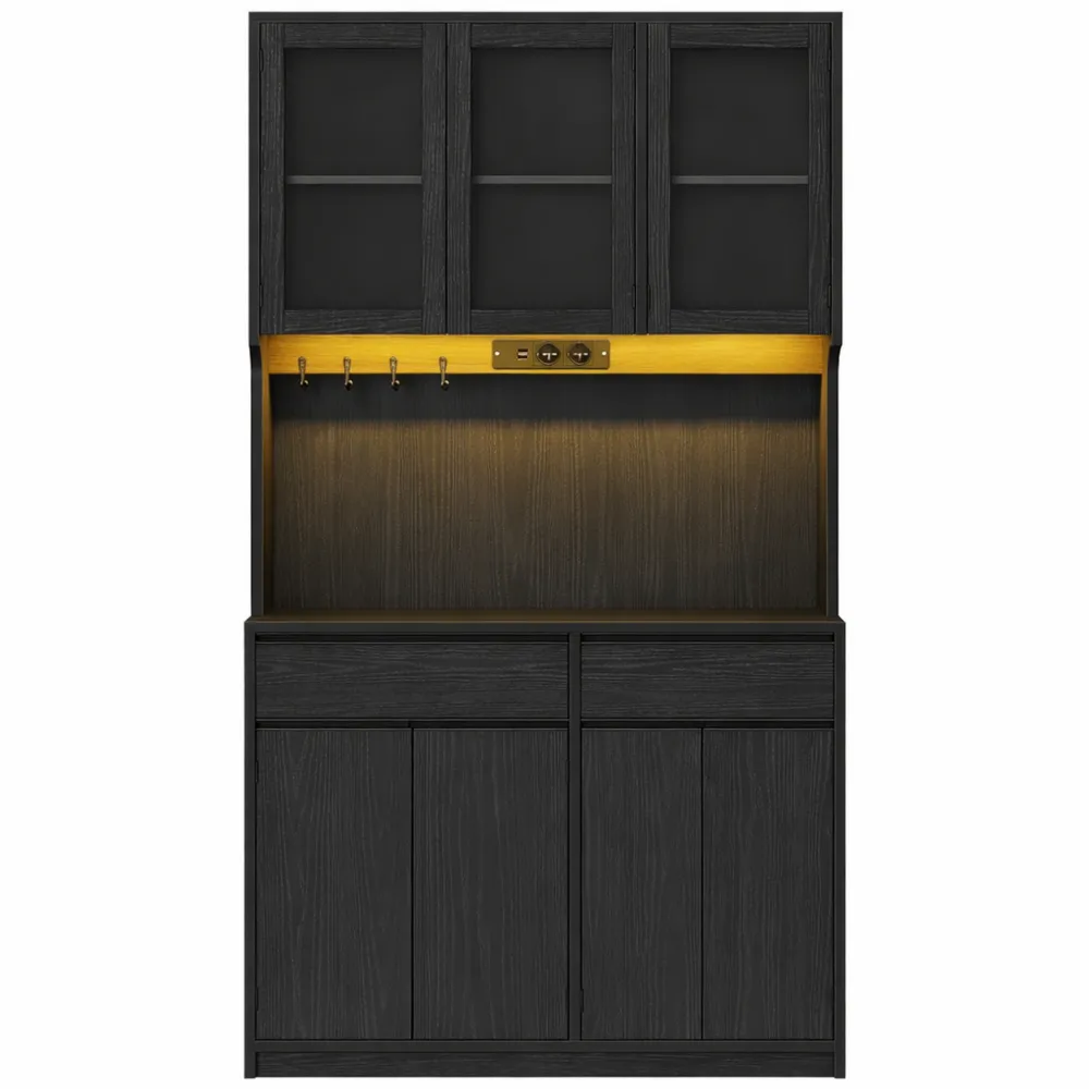 Credenza cucina nera con piano di lavoro e LED, ripiani regolabili e cassetti-Villawarm