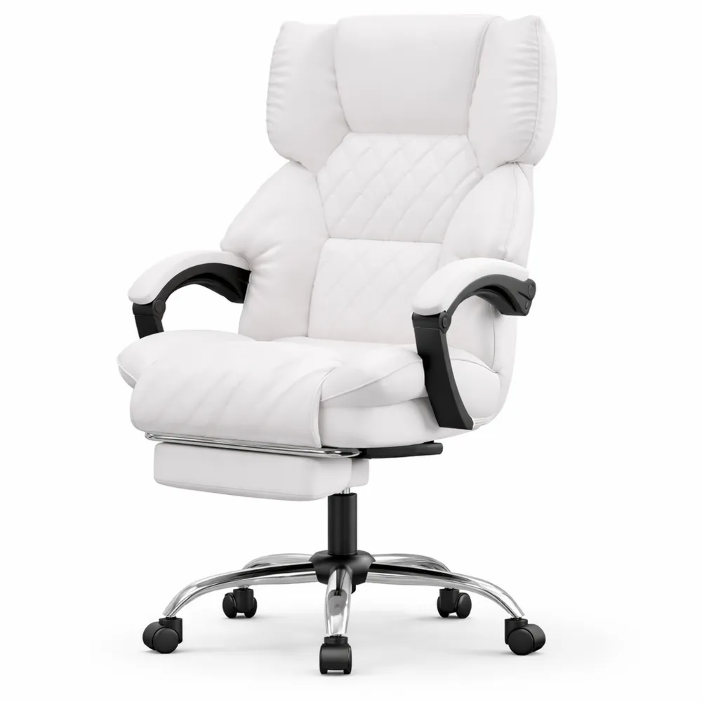Sedia ergonomica da ufficio con schienale reclinabile e poggiapiedi, imbottitura in pelle PU bianca-Villawarm