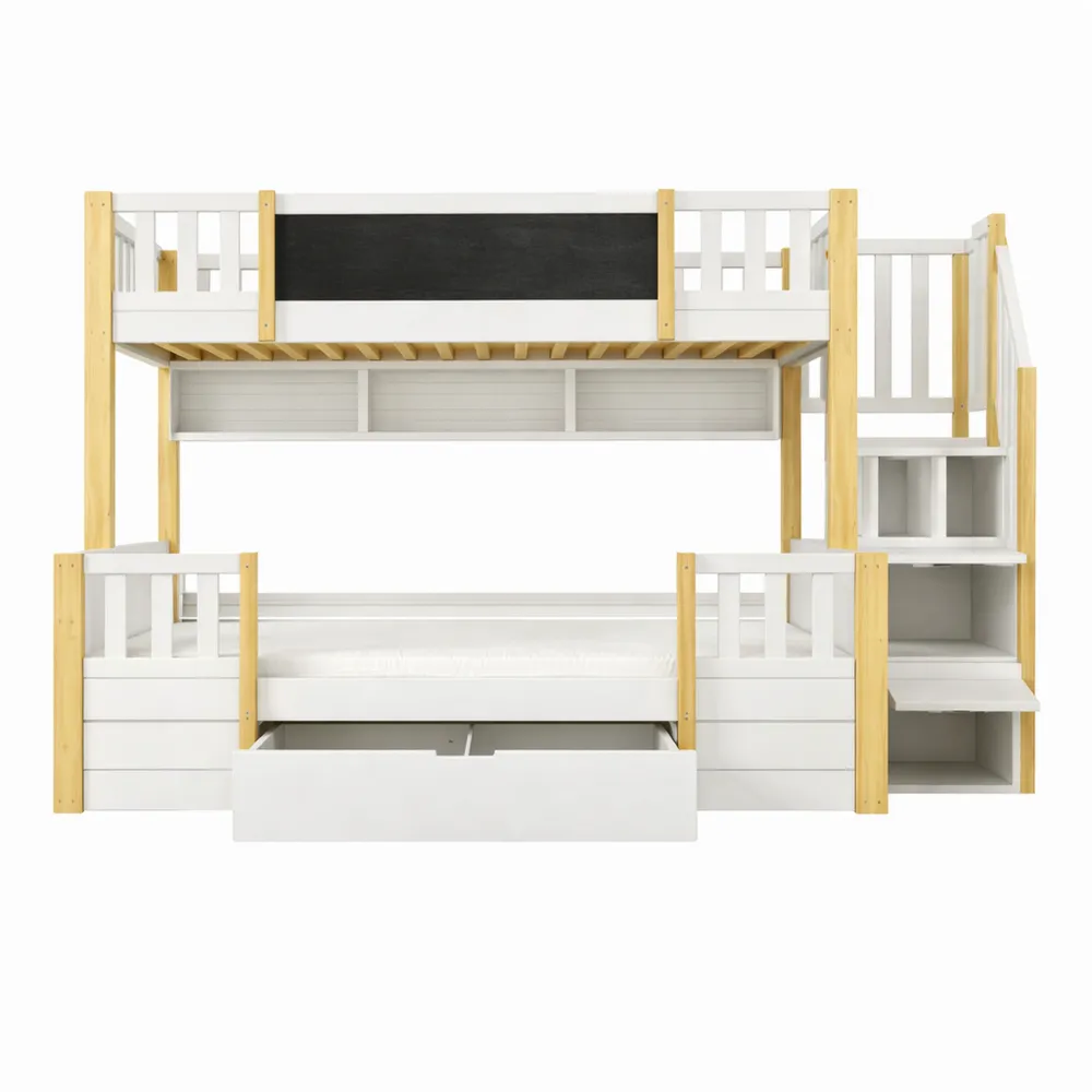 Letto a castello triplo in legno con lavagna e scala contenitore-Villawarm