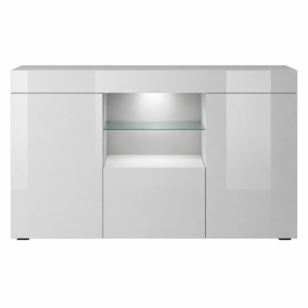 Credenza Moderna con Finitura Lucida e LED, 135x72x34cm, Grigio-Villawarm
