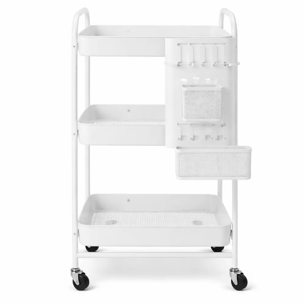 Carrello portavivande con cestini e ganci, 3 ripiani, bianco