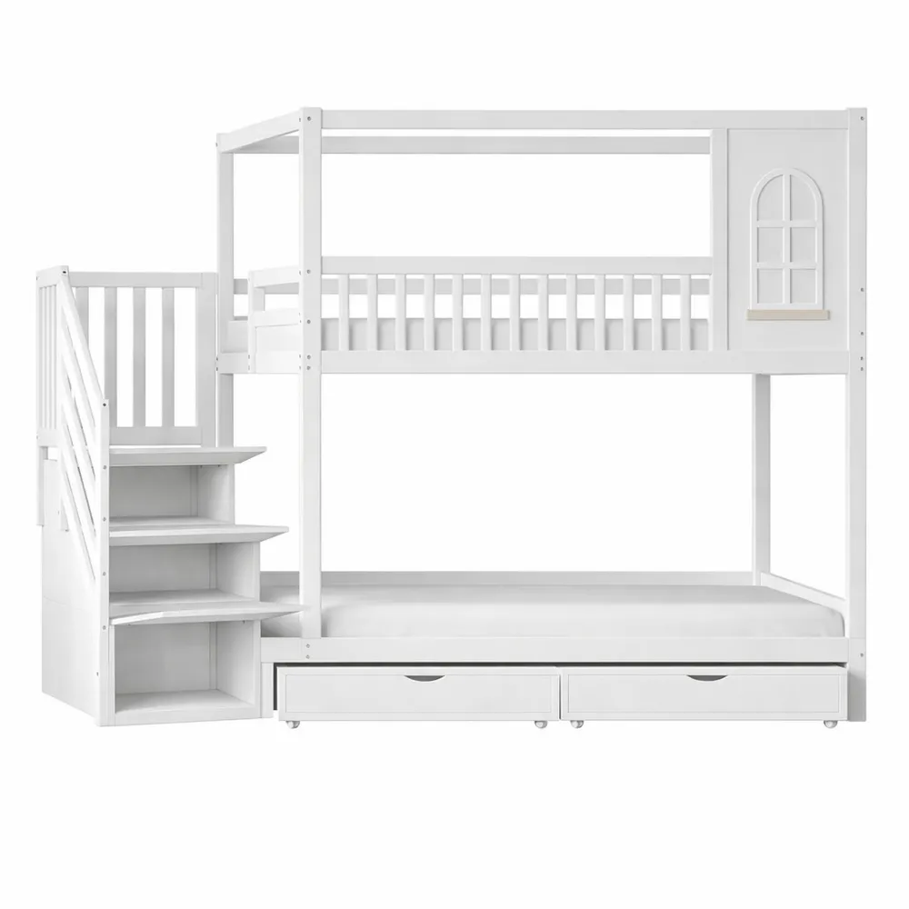 Letto a Castello per Bambini 90x200 cm con Finestre e Cassetti