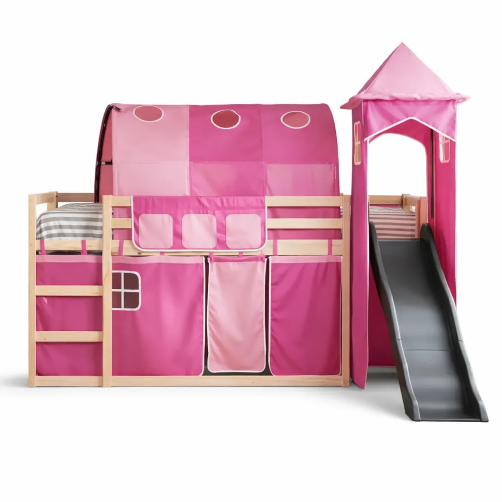 Letto a castello per bambini con scivolo e tende rosa 90x190 cm
