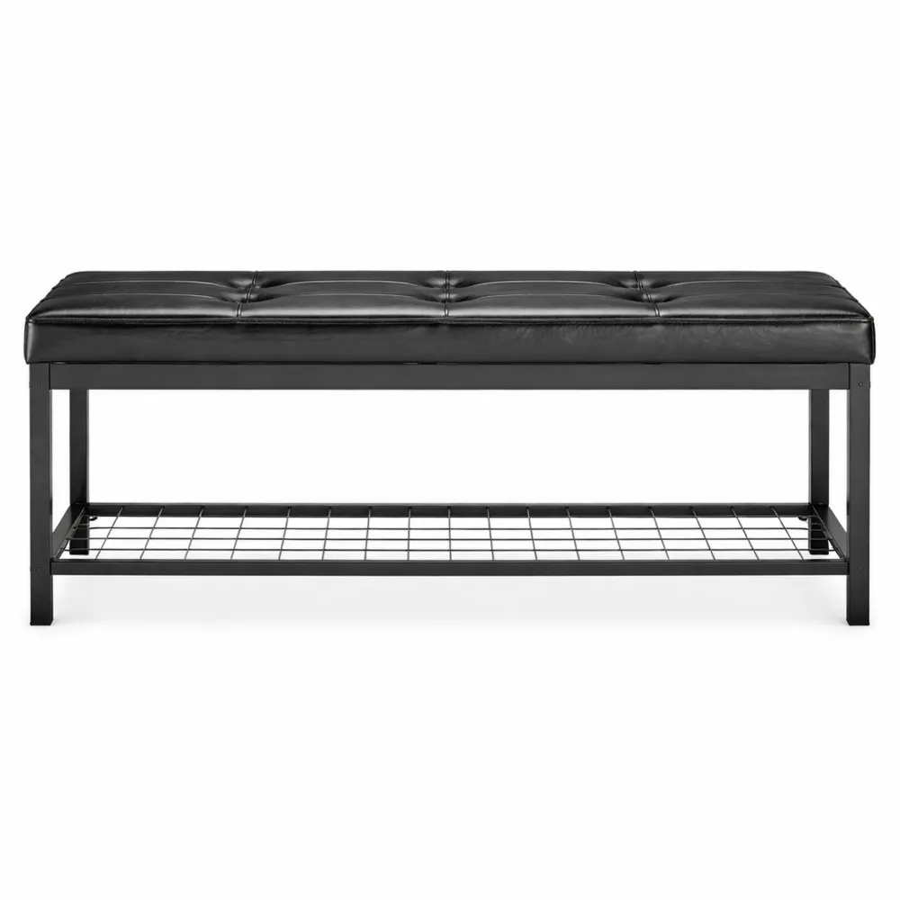 Panca scarpiera imbottita con ripiano aperto, nero, 49 x 115 x 40 cm