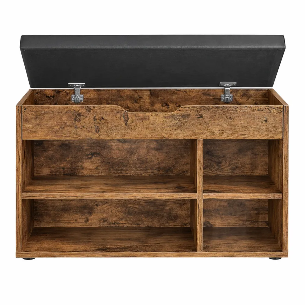 Scarpiera Panca Ingresso con Cuscino Imbottito, 3 Scomparti e Ripiani, Capacità 136 kg, Marrone Vintage