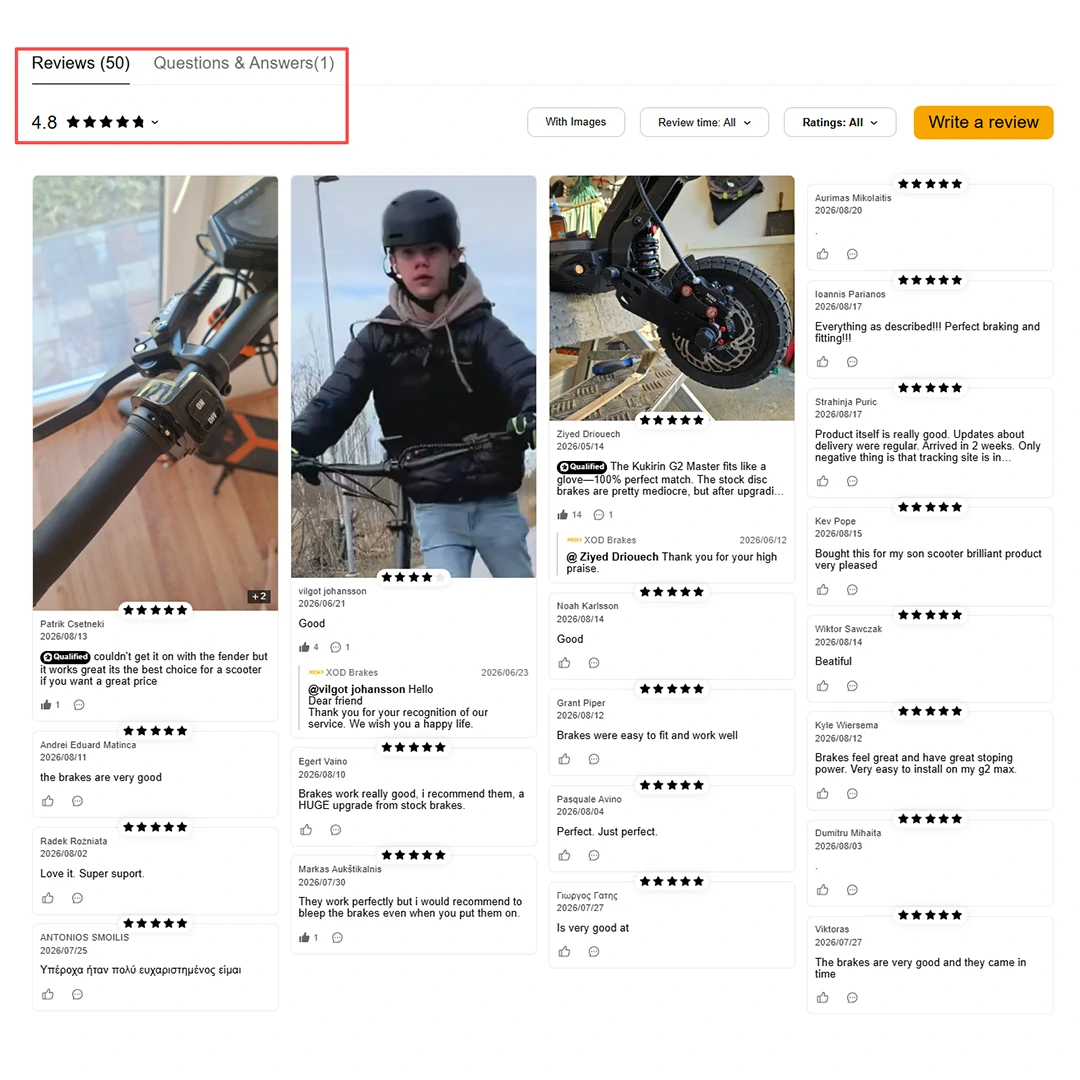 5-star customer reviews for XOD hydraulic brake upgrade on electric scooters