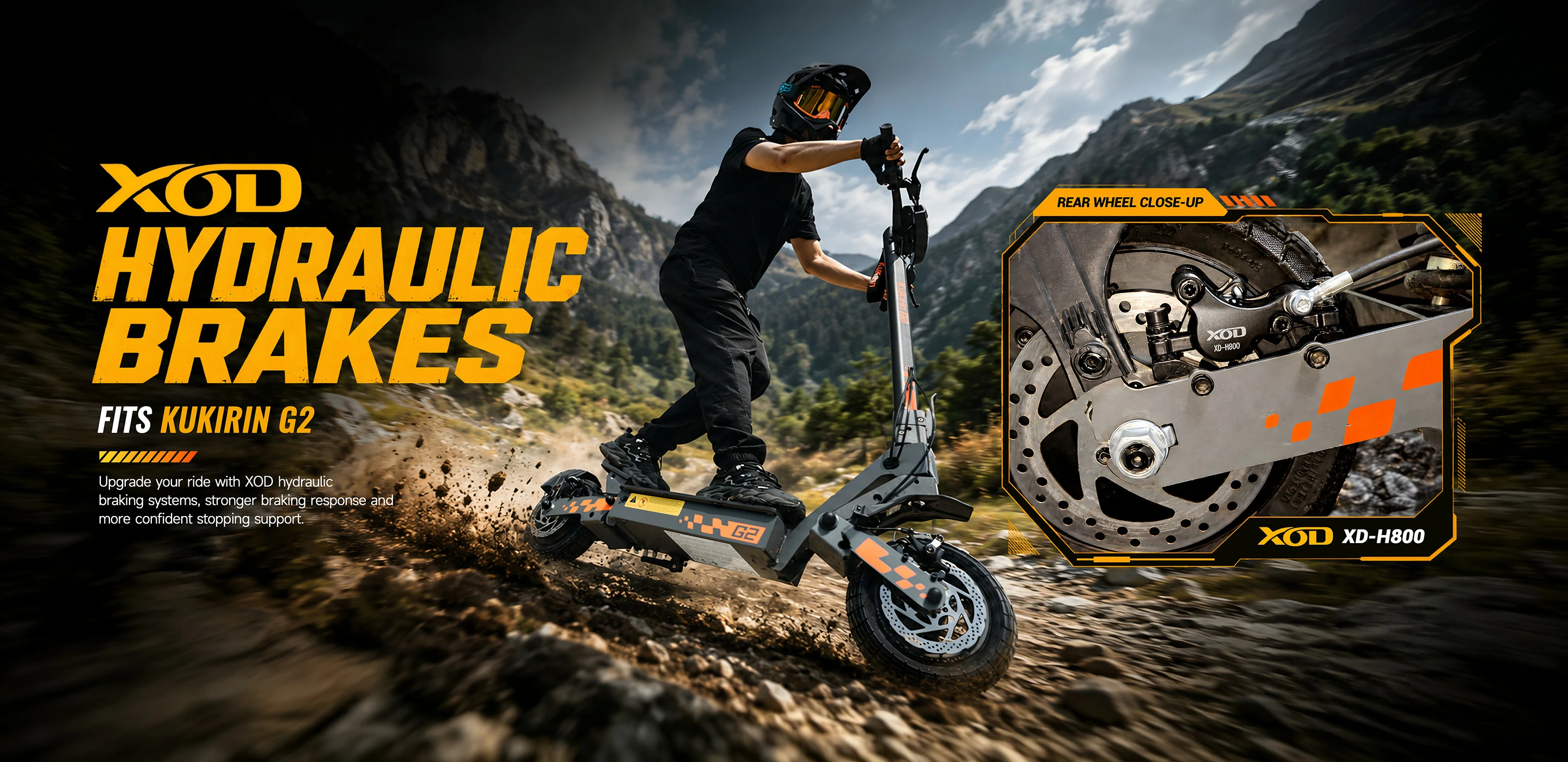 Poster for the Kukirin G2 Electric Scooter (2026 Model) featuring XOD hydraulic brakes