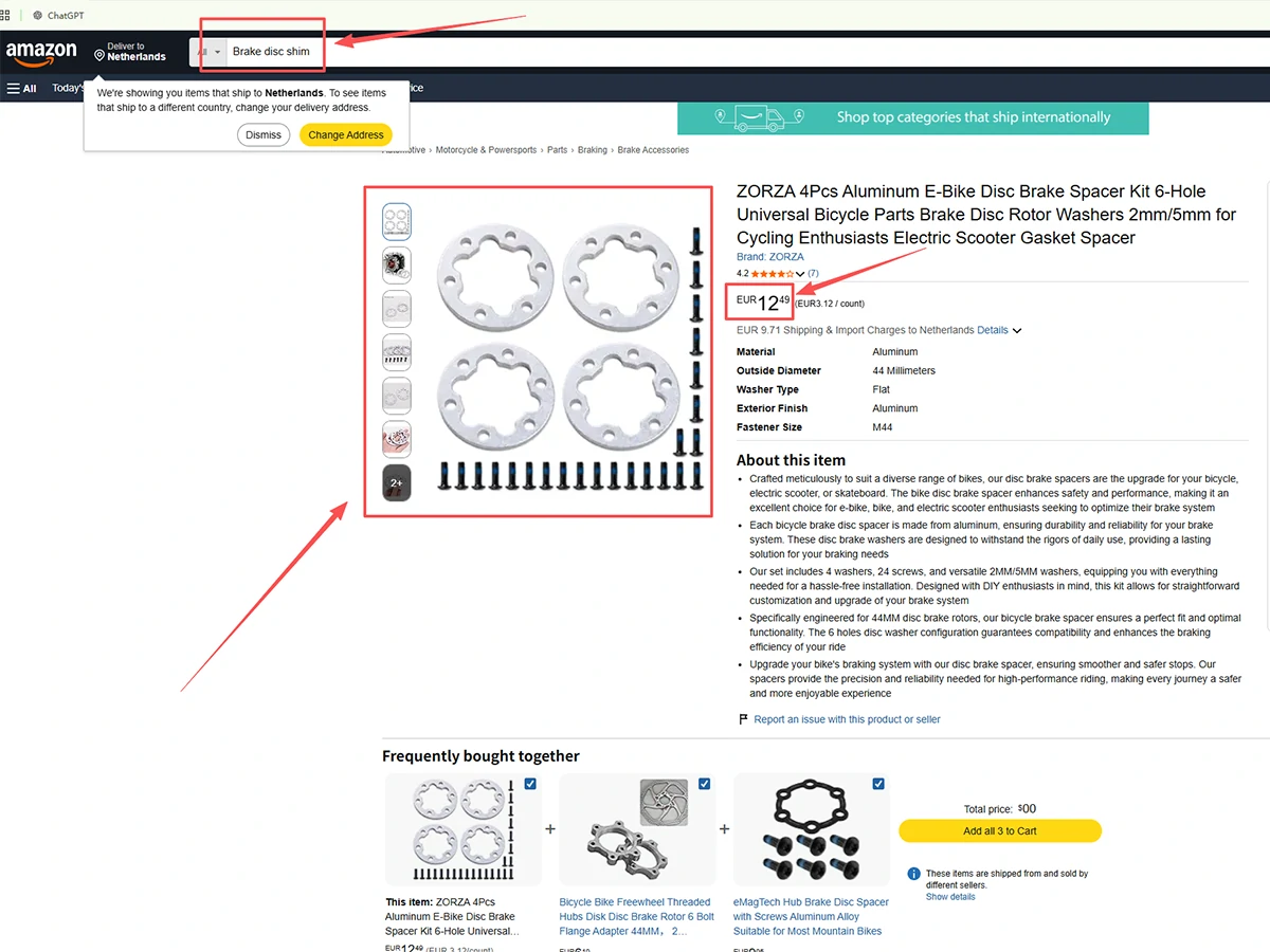 Amazon search results for electric scooter brake disc shims and spacers