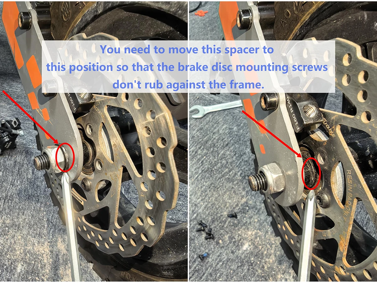 Before and after comparison of metal spacer on KuKirin G2 front wheel