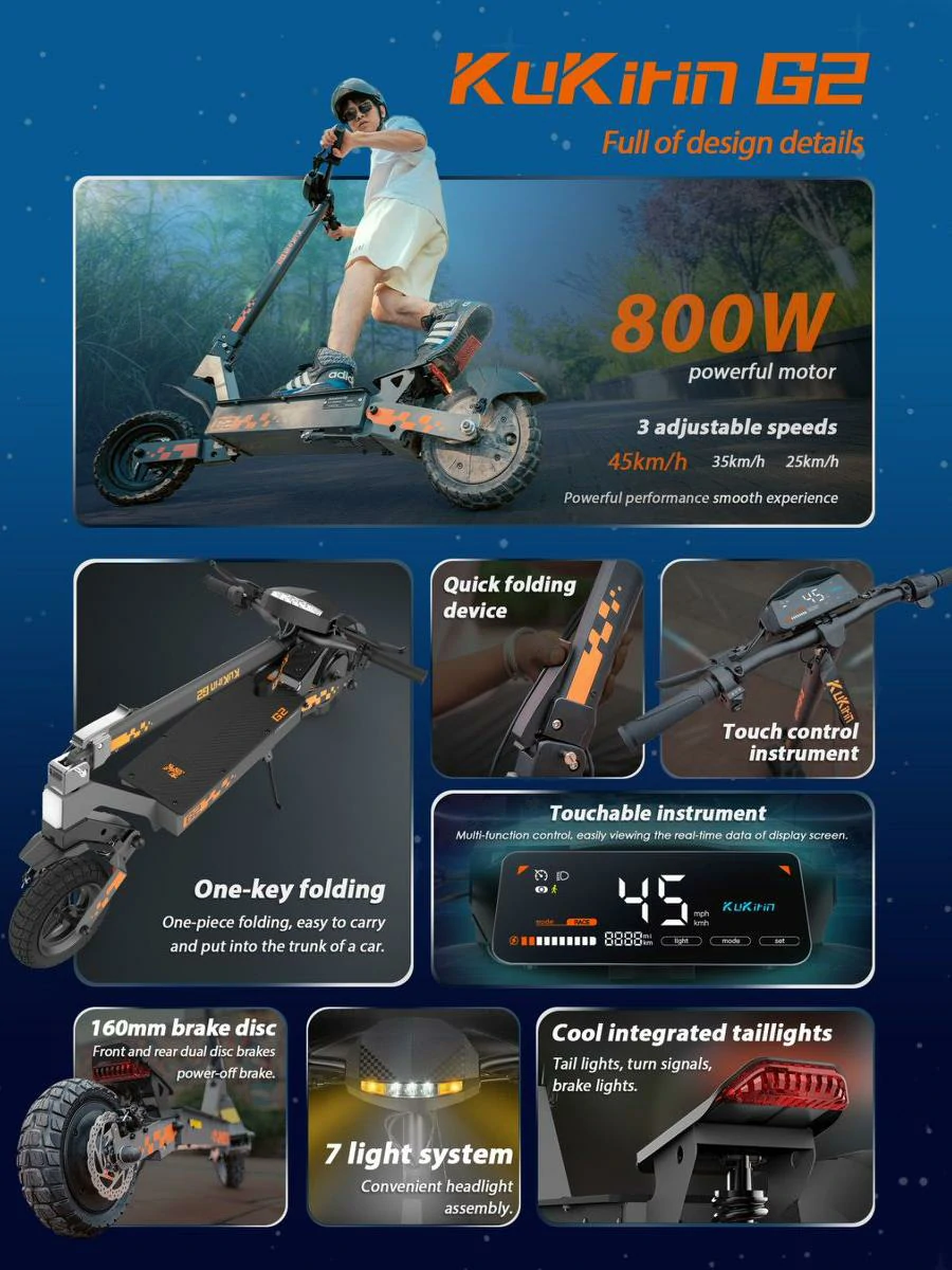 KuKirin G2 2026 specifications showing 160mm front and rear brake discs