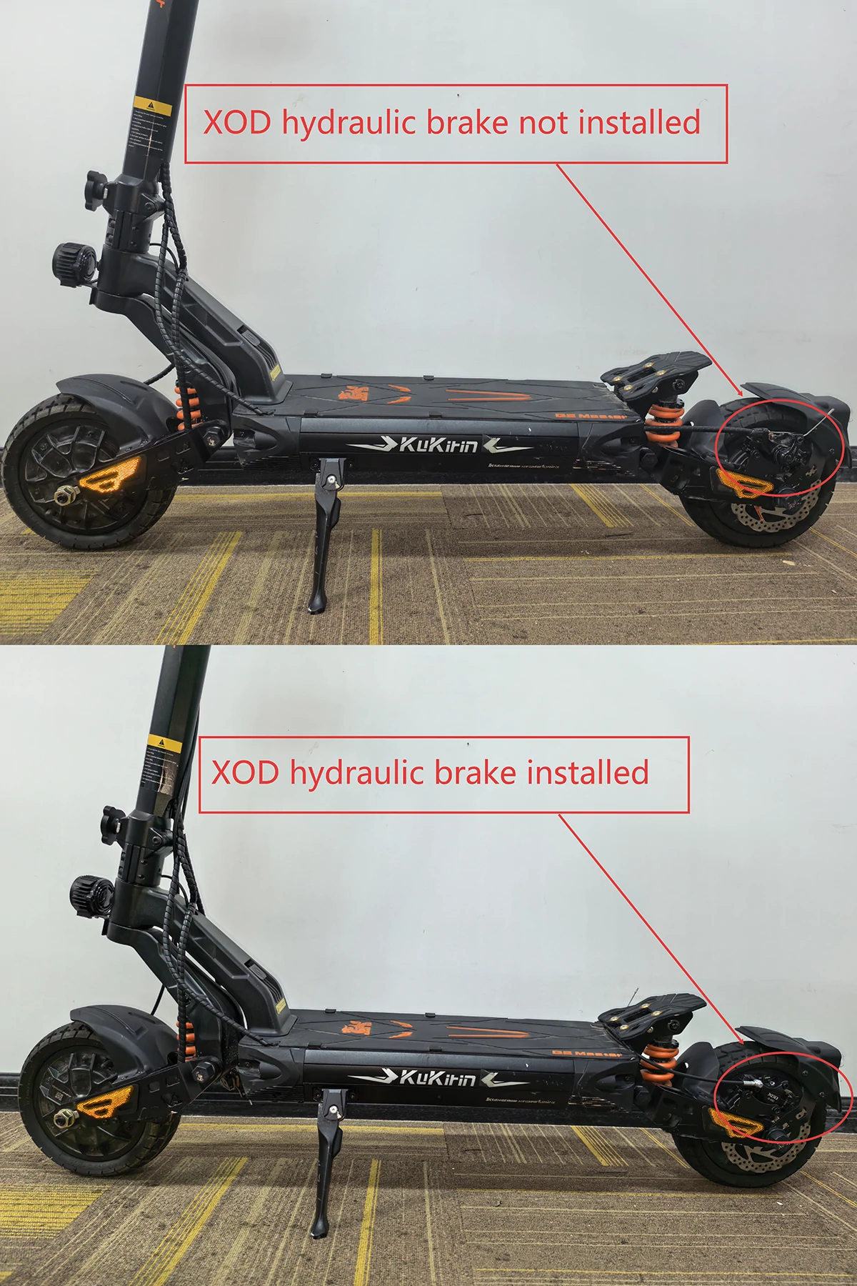 KuKirin G2 Master mechanical disc brake vs XOD hydraulic brake upgrade before and after comparison