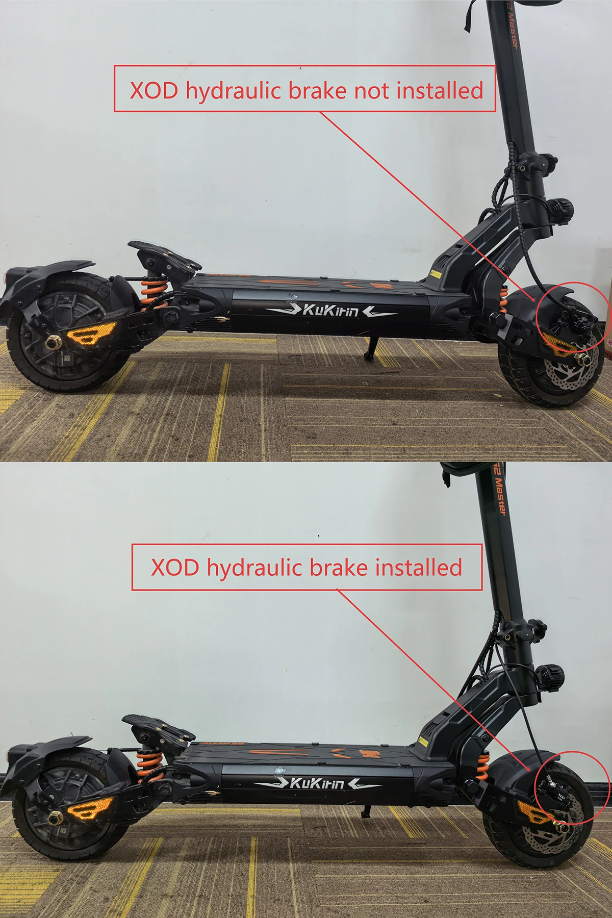 KuKirin G2 Master right side mechanical disc brake vs XOD hydraulic brake upgrade comparison