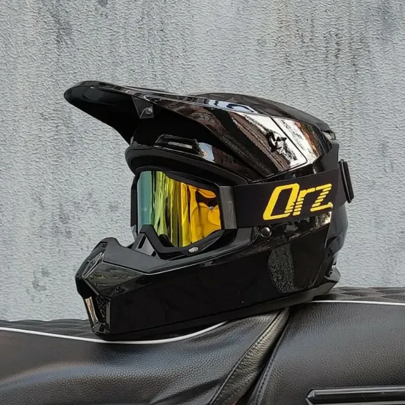 ORZ Mh2026 Atv Helmet Gloss Black Black Frame Gold Goggles