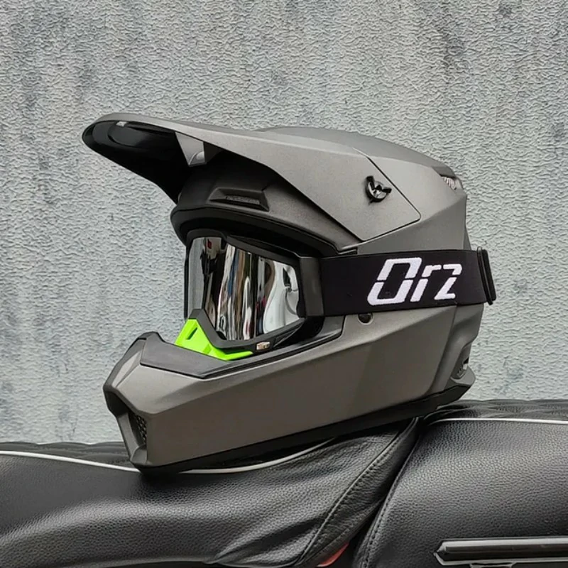 ORZ Mh2026 Dirt Bike Helmet Matte Titanium Gray Black Frame Silver Goggles