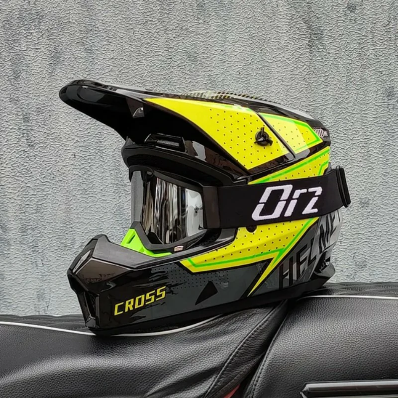 ORZ Mh2026 Dirt Bike Helmet Yellow Graphic Black Frame Silver Goggles