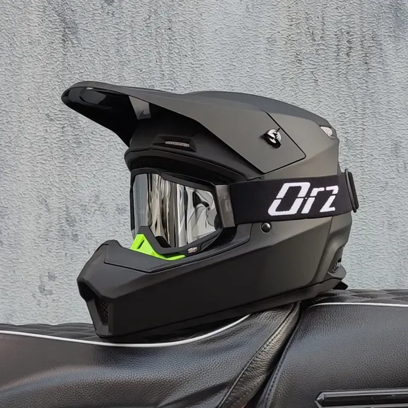 ORZ Mh2026 Enduro Helmet Matte Black Black Frame Silver Goggles