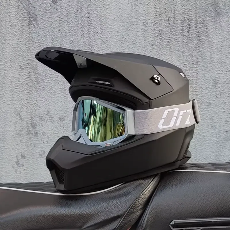 ORZ Mh2026 Enduro Helmet Matte Black Cement Gray Cyan Goggles