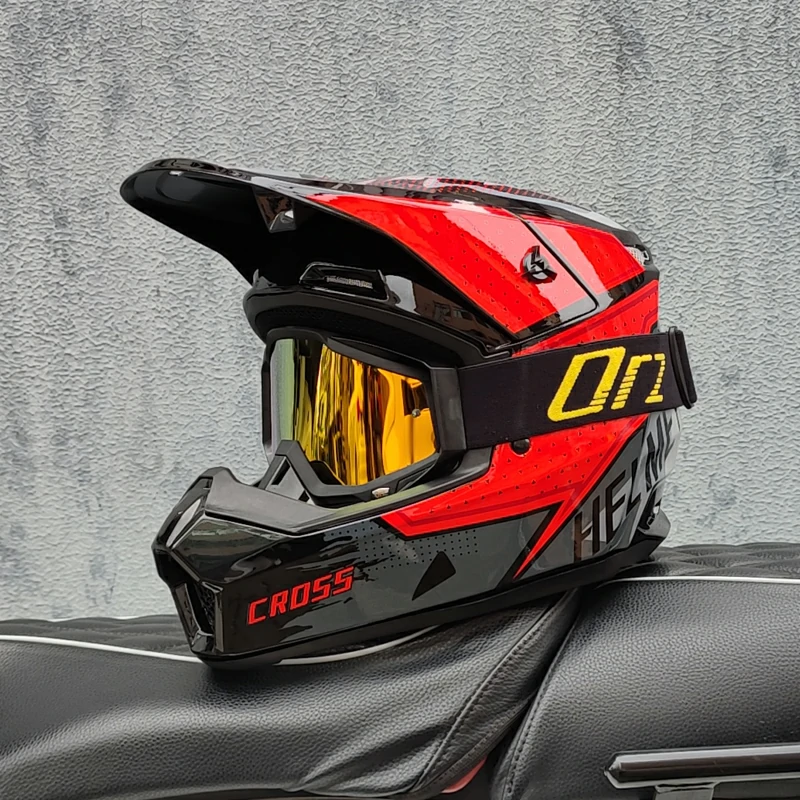 ORZ Mh2026 Motocross Helmet Red Graphic Black Frame Gold Goggles