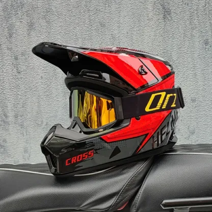 ORZ Mh2026 Motocross Helmet Red Graphic Black Frame Gold Goggles
