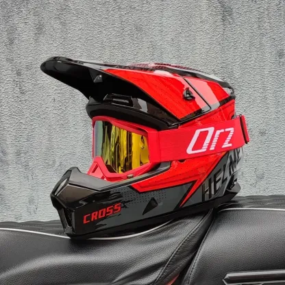 ORZ Mh2026 Motocross Helmet Red Graphic Red Frame Gold Goggles