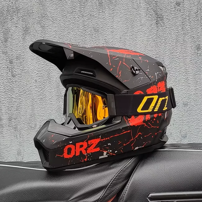 ORZ Mh2026 Mx Helmet Red Lightning Black Frame Gold Goggles