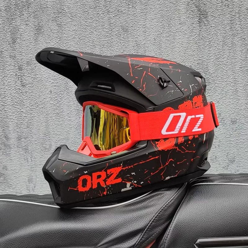 ORZ MH2026 Motocross Helmet Red Lightning Graphic with Red Frame Gold Goggles