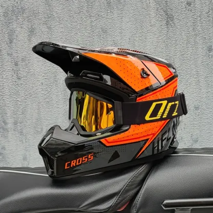 ORZ Mh2026 off Road Helmet Orange Graphic Black Frame Gold Goggles