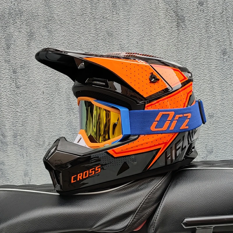 ORZ Mh2026 off Road Helmet Orange Graphic Orange Frame Gold Goggles