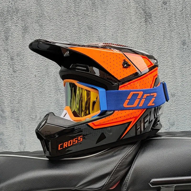 ORZ Mh2026 off Road Helmet Orange Graphic Orange Frame Gold Goggles