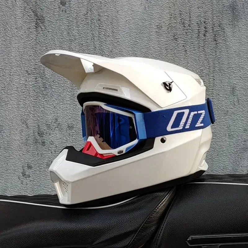 ORZ Mh2026 off Road Helmet Pearl White Blue Frame Iridescent Goggles