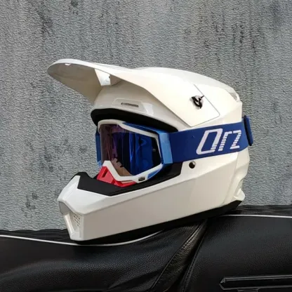 ORZ Mh2026 off Road Helmet Pearl White Blue Frame Iridescent Goggles
